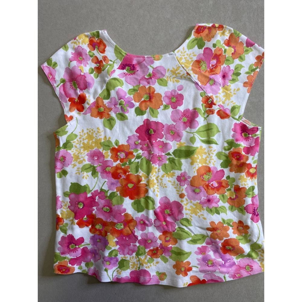 Rafaella Women XL Floral Scoop Neck Cap Sleeve Top Pink Orange White Jersey Knit